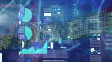 Mavi arkaplan üzerinde veri işleme animasyonu. Küresel teknoloji, bilgisayar ve dijital arayüz kavramı dijital olarak oluşturulmuş video.
