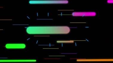 Siyah arka planda hareket eden çeşitli şekillerin animasyonu. Şekiller, renk ve hareket konsepti dijital olarak oluşturulmuş video.