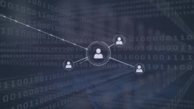Animation of network of connections and binary code over navy background. Global network, connections and technology concept digitally generated video.