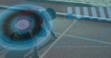 Animation of digital data over african american disabled man training with running blade. Sport, active lifestyle disability and technology concept digitally generated video.