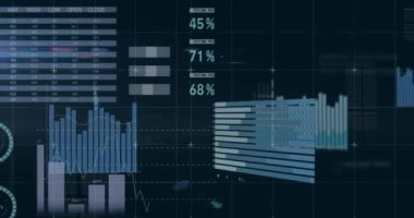 Değişik grafiklerin animasyonu ve siyah arkaplan üzerine finansal veriler. Küresel finans, para ve ekonomi kavramı dijital olarak üretilen video.