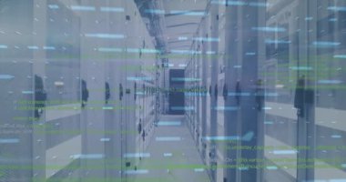 Bilgisayar sunucuları üzerinden finansal veri işleme animasyonu. Küresel iş, finans ve veri işleme kavramı dijital olarak oluşturulmuş video.