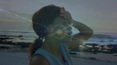 Animation of connections over african american woman resting during run. Sport, fittnes, active lifestyle and connections concept digitally generated video.