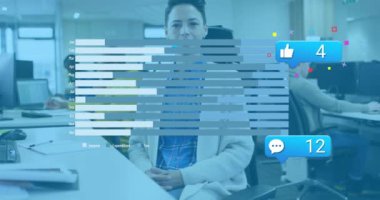 Animation of social media reactions and graphs over caucasian woman in office. Social media, communication, business and technology concept digitally generated video.
