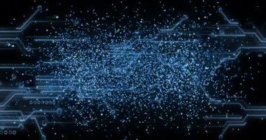 Karanlık arka planda tıbbi veri işleme animasyonu. Küresel tıp, teknoloji, veri işleme ve dijital arayüz kavramı dijital olarak oluşturulmuş video.