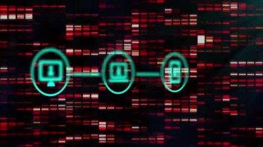 Teknoloji ikonları, ışıklar ve siyah arkaplan animasyonu. Küresel ağ, veri işleme ve teknoloji konsepti dijital olarak oluşturulmuş video.