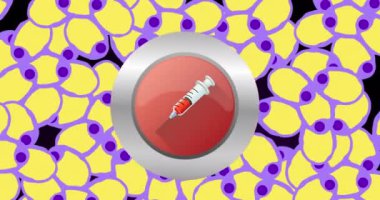 Siyah zemin üzerinde sarı hücreler üzerinde şırınga animasyonu. İnsan biyolojisi, anatomi ve vücut konsepti dijital olarak oluşturulmuş video.