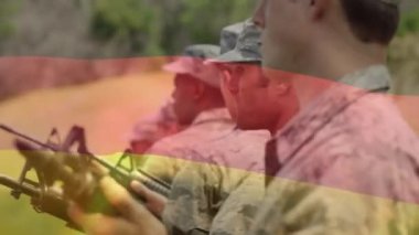 Çeşitli erkek askerler üzerinde Alman bayrağının animasyonu. Vatanseverlik, ordu ve ulusal savunma konsepti dijital olarak oluşturulmuş video.
