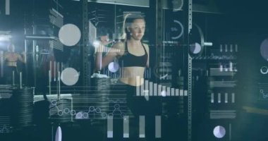 Animation of data processing over caucasian woman lifting weights at gym. Global sport, computing and digital interface concept digitally generated video.