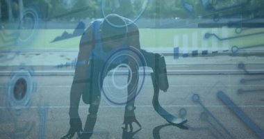 Animation of digital data over african american disabled man training with running blade. Sport, disability, durability and technology concept digitally generated video.