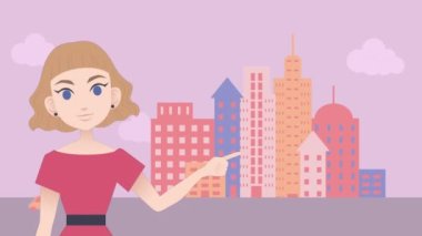 Animation of caucasian businesswoman making presentation over cityscape. Communication and business concept digitally generated video.
