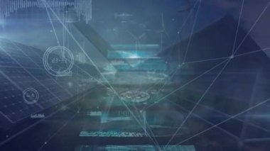 Güneş panelleri üzerinde hareket eden dijital ekranlar üzerindeki bağlantıların animasyonu. Yeşil enerji, eko elektrik konsepti dijital olarak oluşturulmuş video.