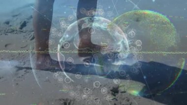 Ragbi oyuncuları üzerinde veri işlenen ekranların animasyonu. Dijital olarak üretilen küresel covid pandemik konsept.