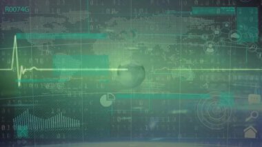Çeşitli veri işleme, kalp atış hızı ve küreyle yeşil ekranın animasyonu. Veri işleme, dijital arayüz ve teknoloji konsepti dijital olarak oluşturulmuş video.