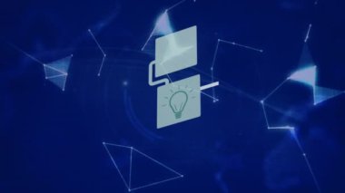 Mavi arkaplandaki dünya üzerindeki simgelerle bağlantı ağının animasyonu. Küresel teknoloji, bilgisayar ve dijital arayüz kavramı dijital olarak oluşturulmuş video.