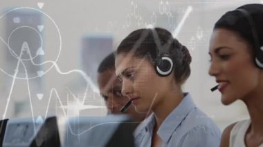 Animation of financial data processing over diverse people using phone headsets. Global science, connections, data processing and digital interface concept digitally generated video.