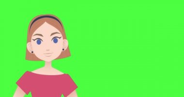 Beyaz kadının yeşil ekranda fotokopi alanıyla konuşup el kol hareketi yaptığı animasyon. Dijital olarak oluşturulan karakter ve hareket konsepti.