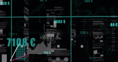 Siyah dijital ekranda grafiklerin, verilerin ve numaraların animasyonu. Dijital olarak oluşturulmuş küresel veri işleme, finans ve dijital arayüz kavramı.