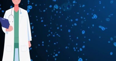 Animation of caucasian male doctor in face mask over blue cells on navy background. Human biology, anatomy and medicine concept digitally generated video.