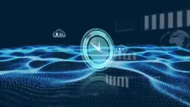 Animation Clock Clouds Graphs Icons Digital Space Waves Global Finance — Vídeo de Stock