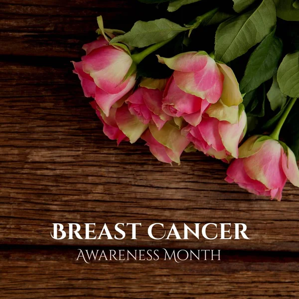 Image Breast Cancer Awareness Month Wooden Surface Pink Flowers Health — Stockfoto