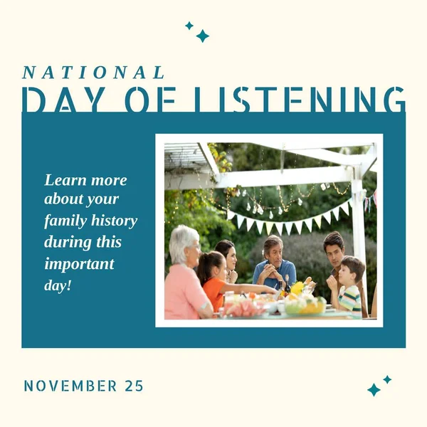 Composition of national day of listening text over caucasian family having dinner. National day of listening and celebration concept digitally generated image.