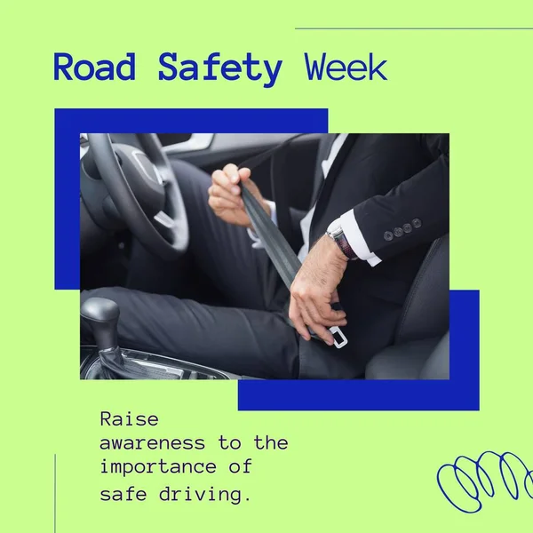 Composition Road Safety Week Text Caucasian Man Buckling Car Road — Stockfoto