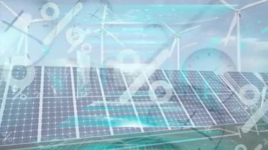 Animation of globe, clock, percents and wind turbines over solar panels. Global eco power, green energy and eco awareness concept digitally generated video.