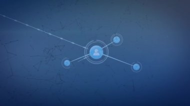 Mavi arkaplandaki bağlantı ağında canlandırma. Ağ, bağlantılar ve teknoloji konsepti dijital olarak oluşturulmuş video.