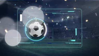 Stadyumda futbol sahası, top ve konfeti animasyonu. Spor, oyunlar ve dijital arayüz kavramı dijital olarak oluşturuldu.