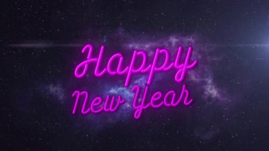 Animation of happy new year over lights and sky. Communication, social media and technology concept digitally generated video.
