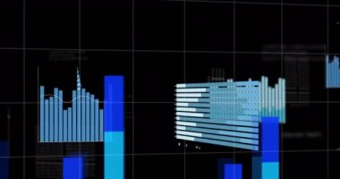 Animation of financial graphs and data over world map on black background. Business, finance and economy concept digitally generated video.