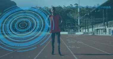 Animation of digital data over african american disabled man training with running blade. Sport, disability, durability and technology concept digitally generated video.