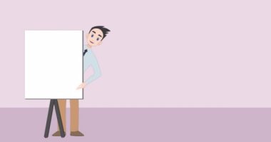 Animation of caucasian businessman making presentation on purple background. Communication and business concept digitally generated video.