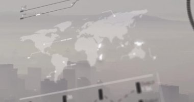 Şehrin üzerinde dijital arayüzün animasyonu. küresel bağlantılar, veri işleme ve dijital arayüz konsepti dijital olarak oluşturulmuş video.