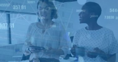 Animation of numbers changing over diverse female coworkers in office. Business, finance, economy, data processing and technology concept digitally generated video.