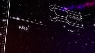 Veri ve ışıklarla birlikte siyah dijital ekranın animasyonu. Dijital arayüz, veri işleme ve teknoloji konsepti dijital olarak oluşturulmuş video.