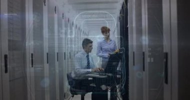 Animation of data processing over two caucasian server room workers. Global connections, data processing and digital interface concept digitally generated video.