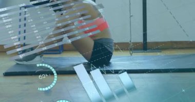 Animation of data processing over caucasian woman at gym. Global sport, computing and digital interface concept digitally generated video.