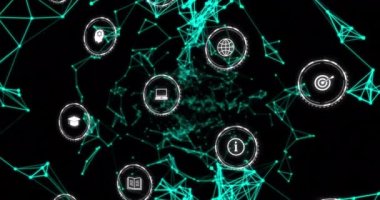 Düşen eğitim simgelerinin karanlık arka plandaki bağlantılar ağı üzerinden canlandırılması. Dijital olarak oluşturulan öğrenim ve eğitim konsepti.