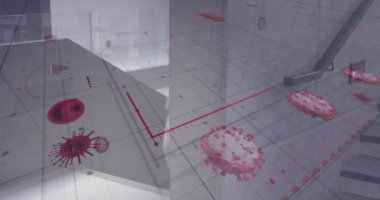 Animation of falling covid 19 cells over data processing on graph and walking business people. Global covid 19 pandemic and business concept digitally generated video.