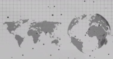 Beyaz arkaplan üzerinde dünya haritası ve ızgara animasyonu. Küresel bilim, bağlantılar, veri işleme ve dijital arayüz kavramı dijital olarak oluşturulmuş video.