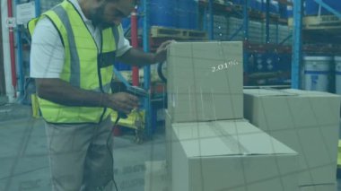 Animation of data processing over caucasian male worker in warehouse. Global shipping, computing and digital interface concept digitally generated video.