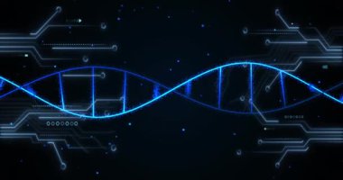 Karanlık arka planda tıbbi veri işleme ve işlemci soketinin animasyonu. Küresel tıp, teknoloji, veri işleme ve dijital arayüz kavramı dijital olarak oluşturulmuş video.