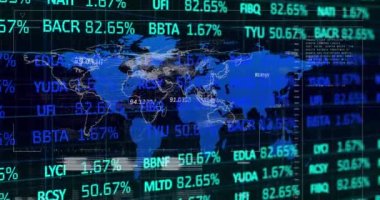 Animation of graphs, financial data and world map on black digital screen. Global data processing, finance and digital interface concept digitally generated video.