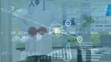 Animation of connections and financial data over happy caucasian senior male doctor. Health, medicine, connections and technology concept digitally generated video.