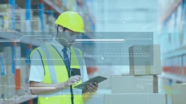 Animation of data processing over caucasian male worker in warehouse. Global shipping, computing and digital interface concept digitally generated video.