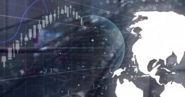 Depo üzerinden küresel ve finansal verilerin animasyonu. Küresel iş, finans, ekonomi, ağ ve teknoloji konsepti dijital olarak oluşturulmuş video.