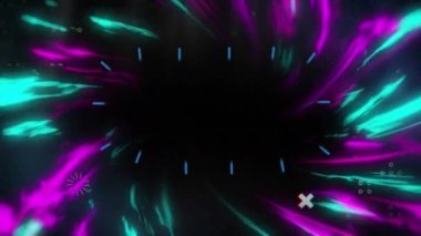 Işıklı siyah zemin üzerinde hareket eden çeşitli şekillerin animasyonu. Şekiller, renk ve hareket konsepti dijital olarak oluşturulmuş video.