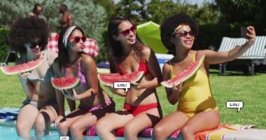 Animation of social media icons falling over three biracial women using smartphone at the pool. Social media and communication concept digitally generated video.